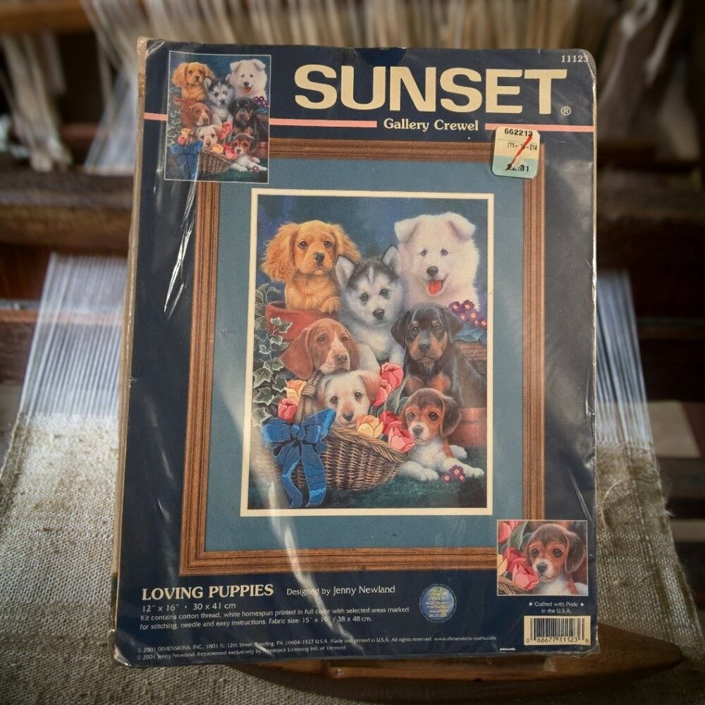 Vintage 2001Sunset Gallery Crewel Loving Puppies 12" x 16" New In Package